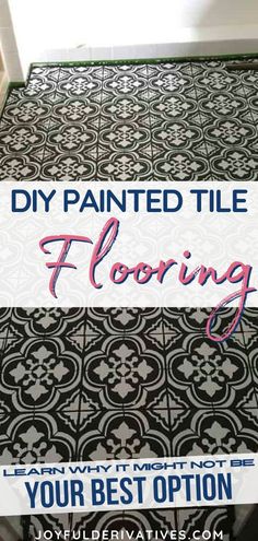 a black and white tile floor with the words diy painted tile flooring on it