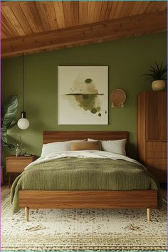 ♥ Are you looking to refresh your home bedroom with a cozy touch of Mid Century Modern style? Explore this boho-inspired bedroom with earthy colors and minimalist furniture for some design inspiration. 🌿✨ #MidCenturyModern #BedroomDecor #HomeRefresh #BohoStyle Minimalistic Earthy Bedroom, Mid Century Cozy Bedroom, Mid Century Green Bedroom, Mid Century Modern Green Bedroom, Green Mid Century Bedroom, Mid Century Modern Bedroom Green, Midcentury Bedroom Aesthetic, Green Navy Bedroom, Midmod Bedroom