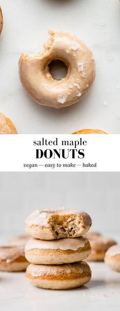 glazed donuts stacked on top of each other with the words salted maple donuts