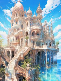 an artistic painting of a castle by the ocean with stairs leading up to it and palm trees on either side