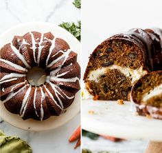 there is a bundt cake with white icing on it