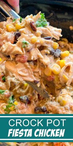 a spoon full of crock pot fiesta chicken casserole is being lifted from the casserole dish