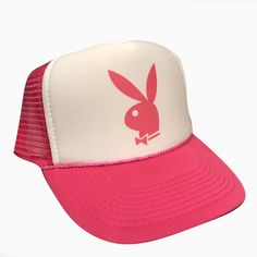 Playboy Bunny Trucker Hat Mesh Hat vintage snapback hat adjustable unworn Vintage style trucker hat This is a Trucker hat mesh hat, it has an adjustable snapback so it fits most people 100% Polyester Front 100% Nylon Mesh Back 5-panel cap Seamless Foam Front Panel with Lining 8 Rows Stitching on Visor Matching Fabric Under visor Adjustable Plastic Snap Pink Snapback Trucker Hat, Vintage Pink Snapback Trucker Hat, Trendy Trucker Hats, Hats Trendy, Customizable Pink Trucker Hat, Pink 5-panel Trucker Hat For Streetwear, Pink Patched Trucker Hat, Snapback Hats Men, Vintage Trucker Hat