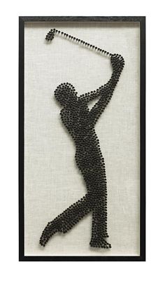 a beaded silhouette of a person swinging a tennis racket in front of a white background