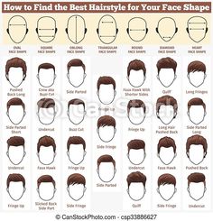 Different faces and haircuts. A set of mens hairstyles for different types of faces. how to find best hairstyle for your face | CanStock Haircut Mens, Hairstyle Names, Face Shape Hairstyles, Men Haircut Styles, Best Hairstyle, Round Face Shape, Corte De Cabelo Masculino, Round Face Haircuts