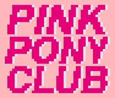 the pink pony club logo is shown on a pink background with white and red squares