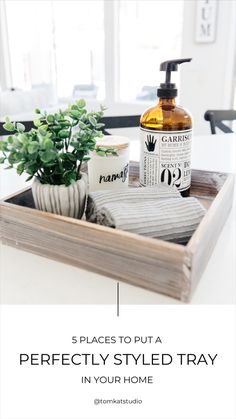 a wooden tray with plants and soap on it that says 5 places to put perfectly styled tray in your home