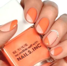 Gorgeous and Latest Spring Nail Designs. Easy Nail Art Two Colors, Color Block Manicure, Easy Nail Designs Spring, Easy Two Color Nail Designs, Two Tone Manicure, Peach Fuzz Nail Color, Two Tone Nail Ideas, Nails With Faces, May Gel Nails