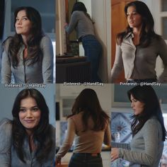 four different pictures of the same woman in grey shirt and black pants, one with her hands on her hips