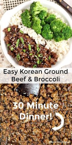 two pictures with different types of food and the words easy korean ground beef & broccoli