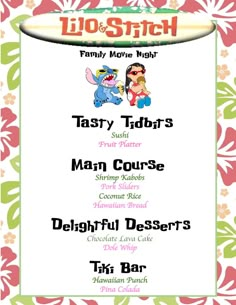 the menu for an upcoming movie night at disney's hollywood studios, which features characters from