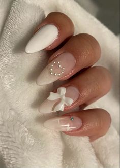 Bow Nail Designs, Unghie Sfumate, Blush Nails, Pearl Nails, White Nail Designs, Soft Nails, Prom Nails