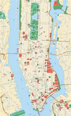 a map of new york city with the streets and major roads in red, green and yellow