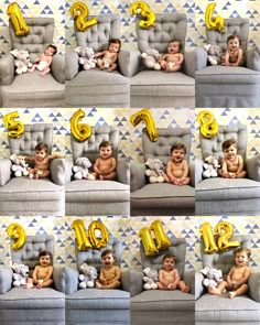 a collage of photos with two babies on couches and balloons in the shape of numbers