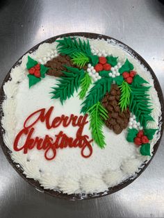 a merry christmas cake decorated with pine cones and holly leaves on a silver surface,