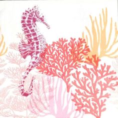 a drawing of a sea horse and corals