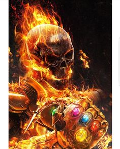 a skeleton holding a pair of gloves in front of a blazing background with fire and flames