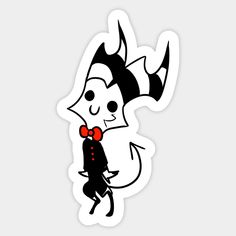 a sticker with an image of a demon wearing a red bow tie and black suit