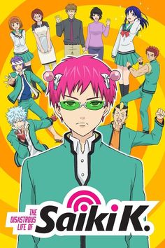 an anime character with pink hair and green eyes in front of a group of people