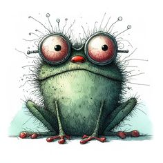 a drawing of a frog with large eyes and red nose rings on its head, sitting in front of a white background