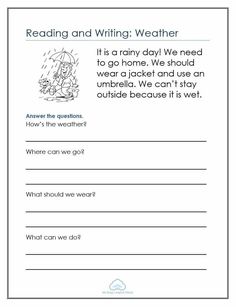 the worksheet for reading and writing weather, with an image of a person holding an umbrella