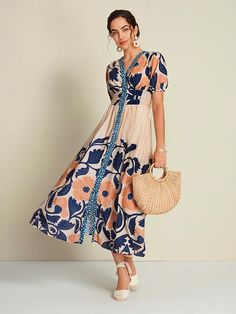 Women's Loose Dress Resort Wear Maxi long Dress Rainbow Short Sleeve Floral Printing Spring & Summer V Neck Vacation Vacation Dress S M L Beach Looks For Women Vacations, Tropical Wedding Guest Dress, Summer Dresses Floral, Traveling Italy, Resort Dress, High Waisted Floral Shorts, V Neck Maxi Dress, High Waist Short, Printed Casual Dresses