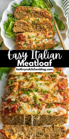 an easy italian meatloaf with cheese and sauce on top is shown in this collage