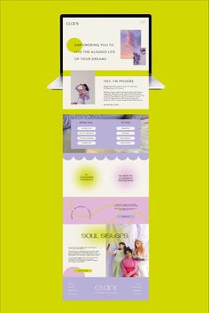 the website design is displayed in three different colors, including purple and green tones with an image