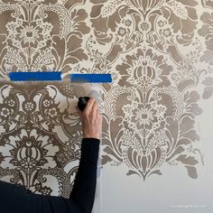 a woman is using a roller to paint a wall with damask stencils