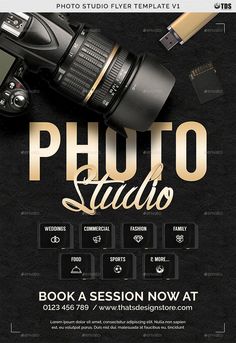 a black and gold photo studio flyer with an image of a photographer's camera