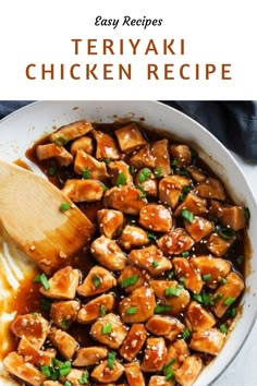 delicious teriyaki chicken in a white bowl with a wooden spoon