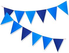 blue bunting flags hanging from the side of a white wall in front of a white background