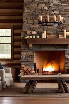 Rustic stone fireplace with a wooden mantel adorned with candles, next to a cozy armchair and wooden coffee table in a log cabin setting. Contemporary Cabin Interior, Small Log Cabin Interior, Rustic Cabin Decor Ideas, Log Cabins Interiors, Cozy Cabin Interior, Cabin Aesthetics, Log Cabin Interior Design, Log Cabin Kitchens, Large Glass Windows