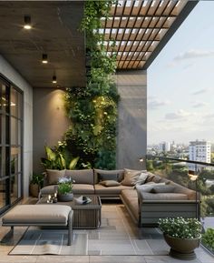 an outdoor living area with couches, tables and potted plants on the balcony