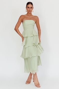 Giavana Strapless Layered Midi Dress Sage Cheap Green Strapless Dress, Cheap Strapless Dress With Ruched Bodice, Layered Midi Dress Formal, Luxury Romantic Strapless Dress With Ruffles, Layering Bridesmaid Dress, Different Textured Bridesmaids Dresses, Luxury Tiered Dresses For Wedding Guests, Hoco Dresses White, Midi Dress Strapless