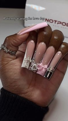 Medium Junk Nails, Pink And Chrome Nails, French Tip Toes With Design, Acrylic Nails Hello Kitty, Nail Ideas Black Women, Nails With Letters, Silver And Pink Nails, French Tips Pink, Nail Set Ideas