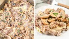 two pictures side by side, one with pasta and the other with mushrooms on it