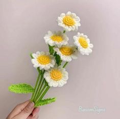 crocheted daisies are being held by someone's hand