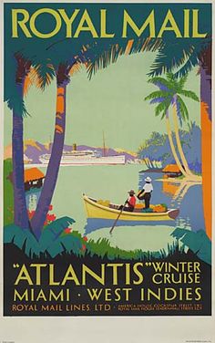 an advertisement for the royal mail shows two people in a boat on water with palm trees