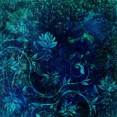 a blue and green painting with flowers on it's side, against a dark background