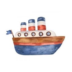 a watercolor painting of a boat with two flags on it's front end