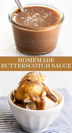 homemade butterscotch sauce in a white bowl with the recipe title at top and bottom