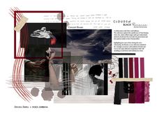 a collage of different images and text on white paper with red, black, and grey colors