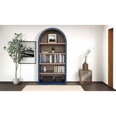 a living room with a book shelf filled with books next to a potted plant