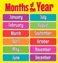 months of the year poster with different colors and font on yellow, red, green, blue