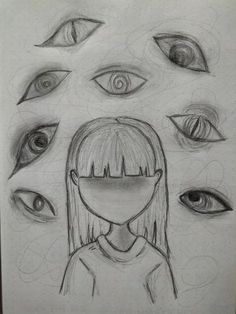 a drawing of a girl surrounded by many different eyes