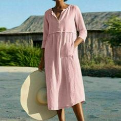 New Ladies Italian Lagenlook Panel Insert Scoop Neck 2 Pocket Linen Womens Dress | eBay Half Sleeve Women, Loose Summer Dress, Womens Boho Dresses, Quarter Sleeve Dress, Cotton Linen Dresses, Soft Dress, Mode Casual, Half Sleeve Dresses, Solid Color Dress