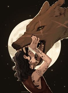 a woman is touching the head of a giant wolf in front of a full moon