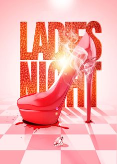 a red high heeled shoe on top of a checkered floor with the word ladies night