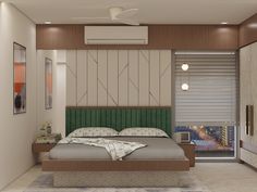 a bedroom with a bed, dresser and ceiling fan in it's center area